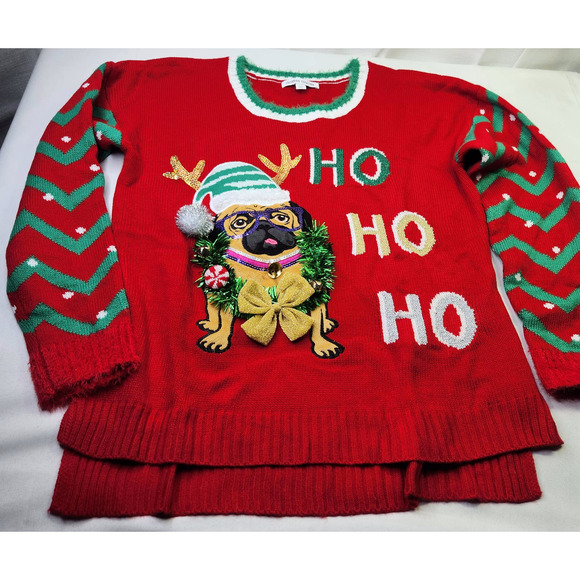Celebrate Together Red Pug Dog Holiday Pullover Ugly Christmas Sweater Size L - Picture 1 of 6